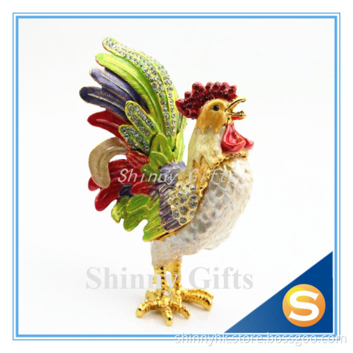 Metal Pewter Rooster Shape Jeweled Enamel Trinket Box